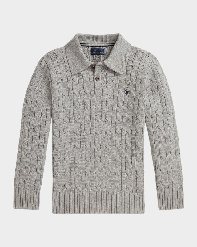 Boy's Cable-Knit Cotton Long-Sleeve Polo Sweater, Size 2-7